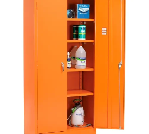 Open orange safety cabinet with chemical containers