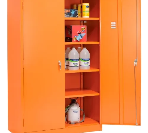 Orange safety cabinet with chemical containers