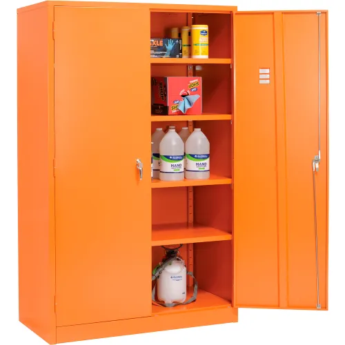 Orange safety cabinet with chemical containers