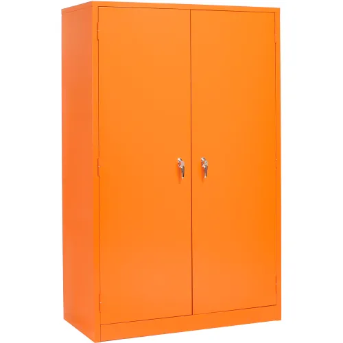 Orange two-door metal storage cabinet