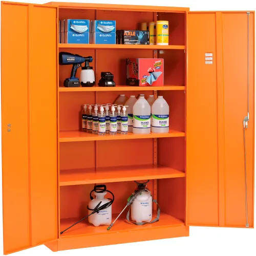 Orange storage cabinet with cleaning supplies