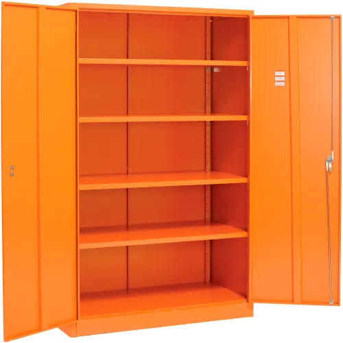 Orange metal storage cabinet with five shelves
