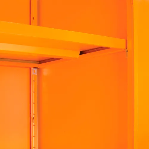 Close-up of bright orange metal shelf