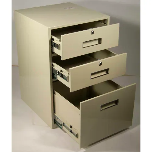 Beige metal filing cabinet with open drawers