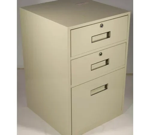 Beige metal three-drawer filing cabinet