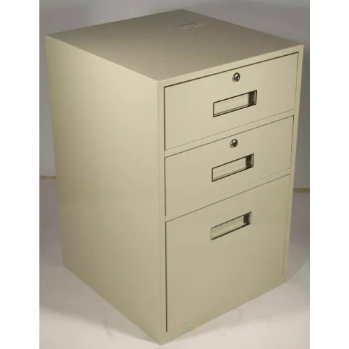 Beige metal three-drawer filing cabinet
