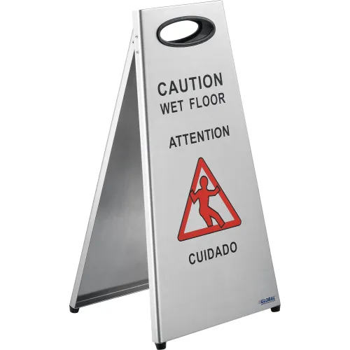 Global Industrial" Stainless Steel Floor Sign 2 Sided Multi-Lingual - Caution