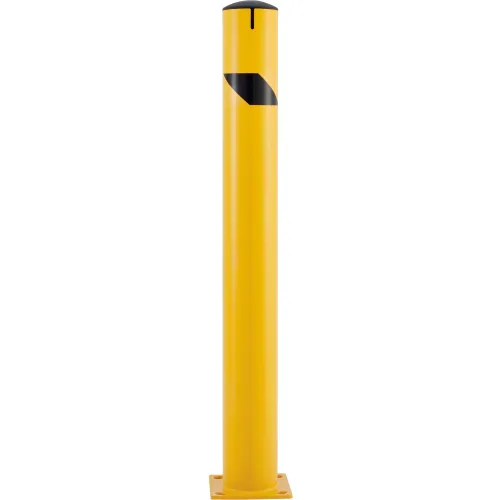 Yellow safety bollard with black reflective stripe