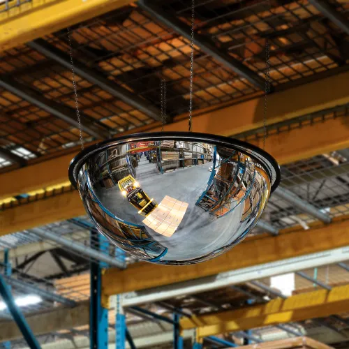 Hanging convex safety mirror in warehouse