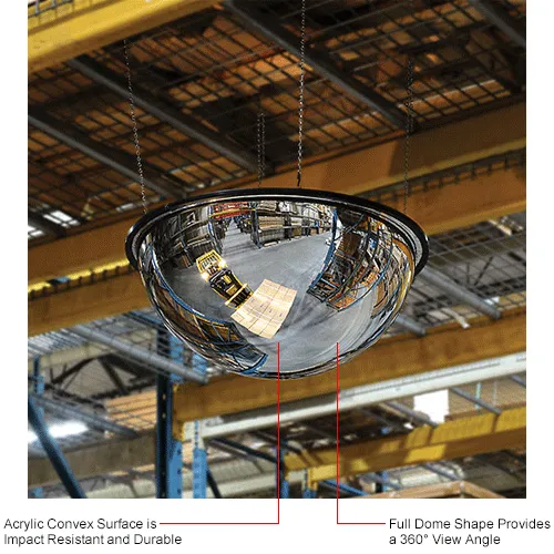 Convex security dome mirror hanging in warehouse