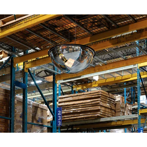 Convex security mirror in warehouse storage aisles