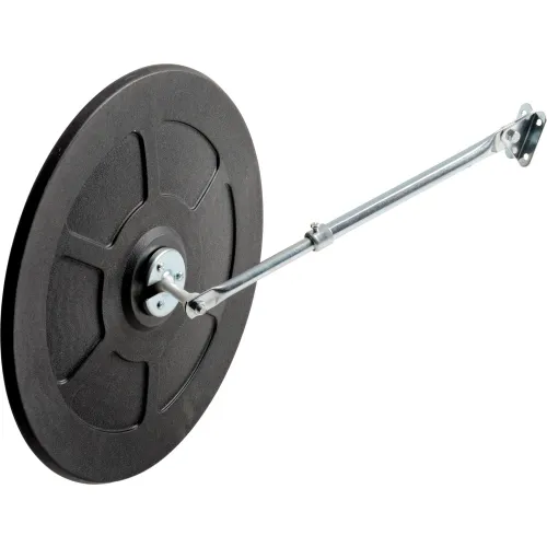 Black circular disc wheel mounted on metal arm