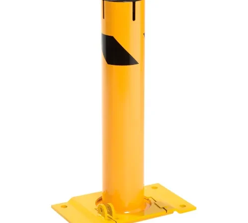Yellow hinged parking bollard with black cap