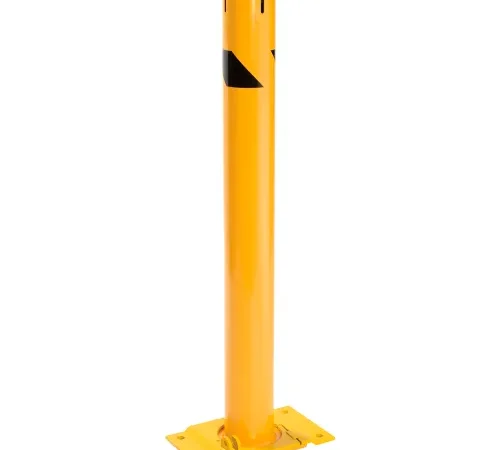 Yellow bollard post with black reflective markings