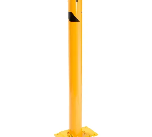 Yellow steel parking bollard with base plate