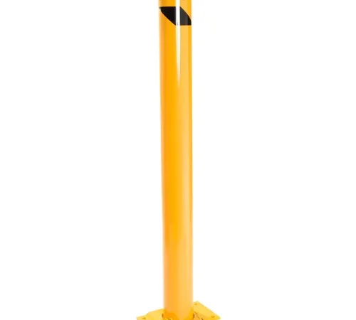 Yellow steel bollard with black reflective stripe