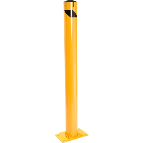 Yellow steel bollard with black reflective stripe