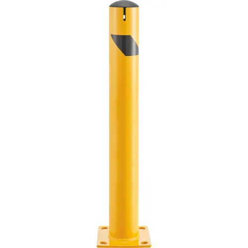 Yellow safety bollard with black reflective stripe