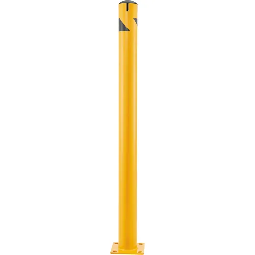 Yellow safety bollard with black diagonal stripes