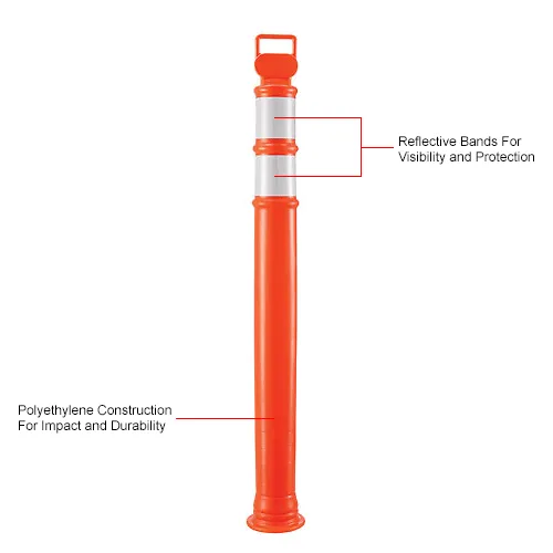 Orange traffic delineator post with reflective bands