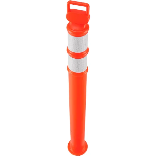 Orange traffic delineator post with reflective bands