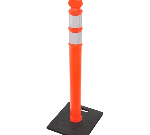 Orange traffic delineator post with reflective bands