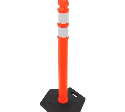 Orange traffic bollard with reflective bands