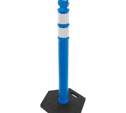 Blue traffic delineator post with reflective bands