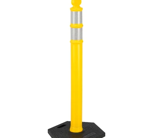 Yellow safety bollard with reflective band