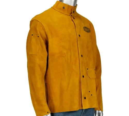 Mustard yellow suede jacket on mannequin