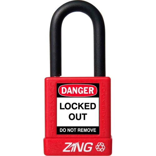 ZING RecycLock Safety Padlock, Keyed Different, 1-1/2" Shackle, 1-3/4" Body, Red, 7030