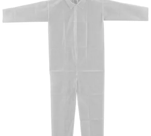 White disposable protective coverall suit with zipper