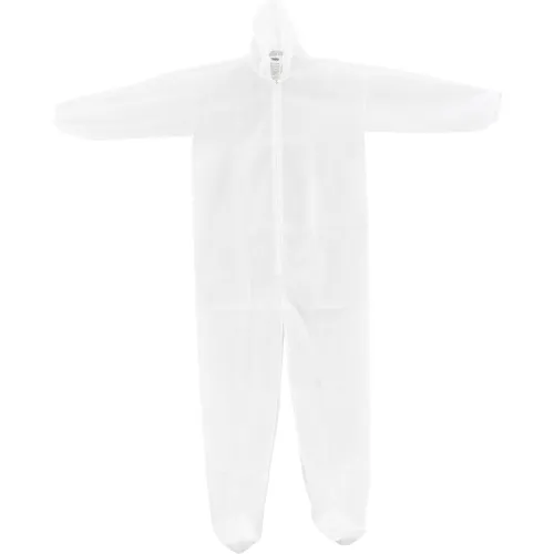 White disposable hooded protective coverall suit