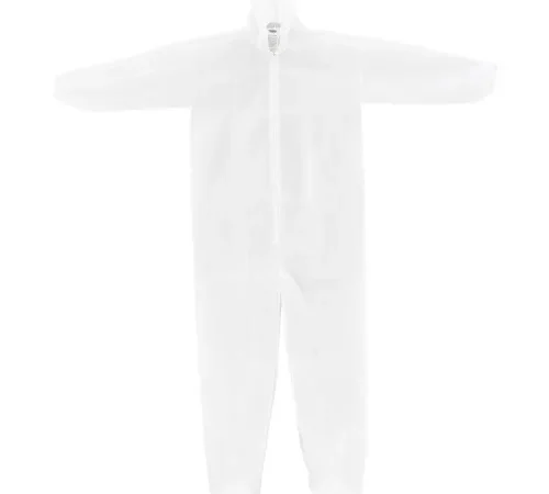 White disposable protective coverall with hood