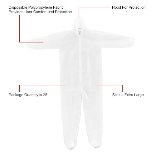 White disposable polypropylene hooded protective coverall