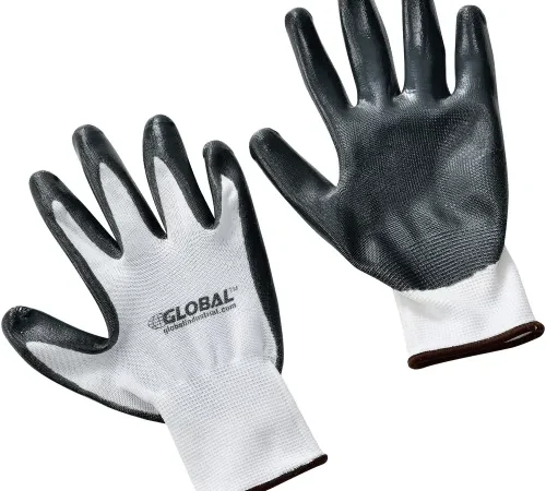 Global Industrial Flat Nitrile Coated Gloves, White/Gray, Large, 1 Pair - Pkg Qty 12
