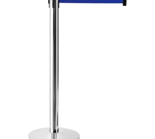 Chrome retractable belt barrier with blue strap