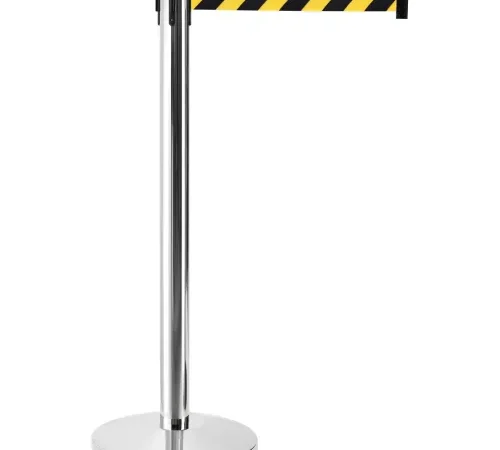 Retractable stanchion with yellow-black belt