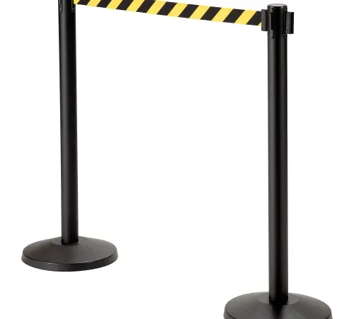 Black stanchions with yellow-striped retractable belt