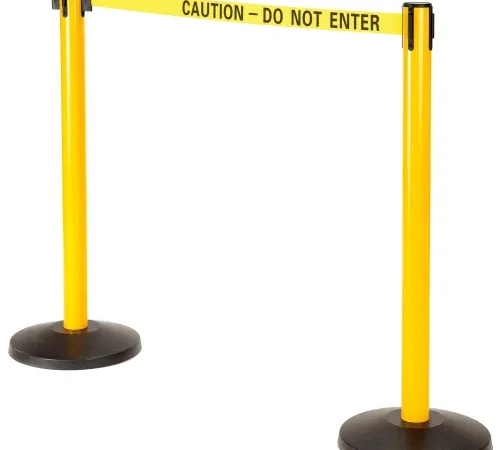 Yellow stanchions with caution do not enter tape