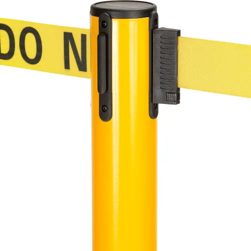 Yellow retractable belt stanchion with tape