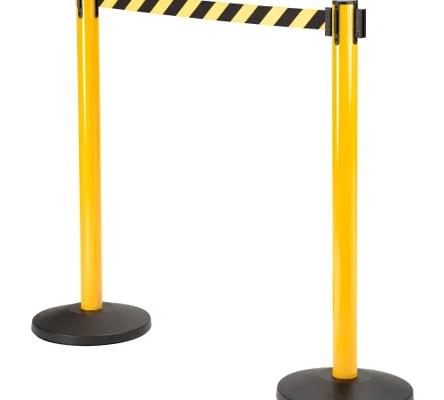 Yellow crowd-control stanchions with striped retractable belt