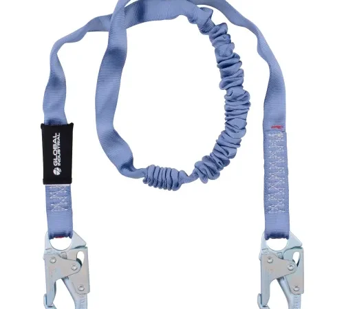 Blue elastic safety lanyard with metal hooks