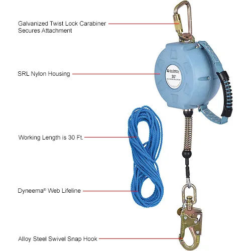 Blue self-retracting lifeline with carabiner and hook