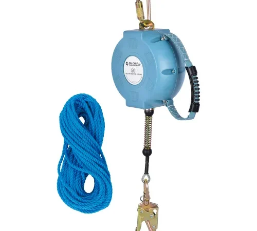 Blue retractable lifeline safety lanyard with carabiner