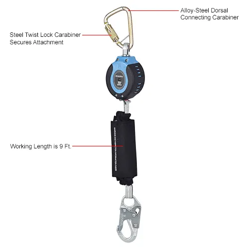 Self-retracting lifeline with carabiner and hook