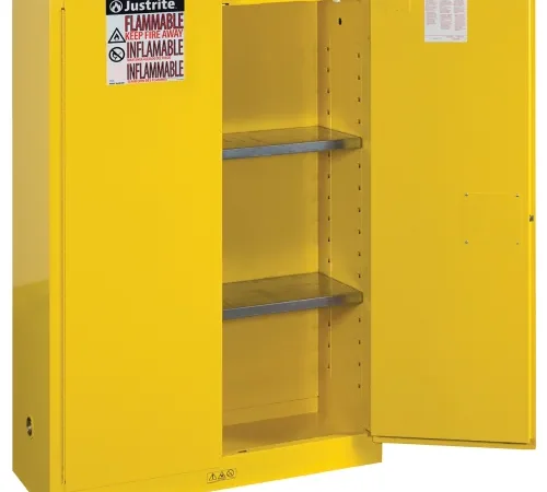 Justrite Flammable Cabinet, Self Close Double Door, 45 Gal. Capacity, 43"W x 18"D x 65"H