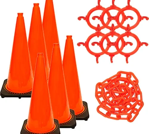 Orange traffic cones with plastic chains and rings