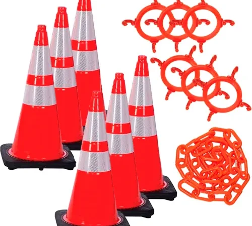 Orange reflective traffic cones and plastic chains