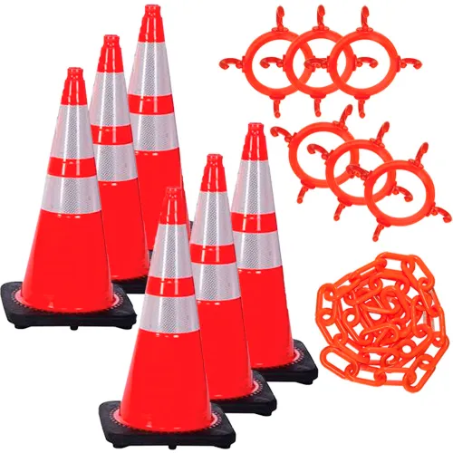Orange reflective traffic cones and plastic chains